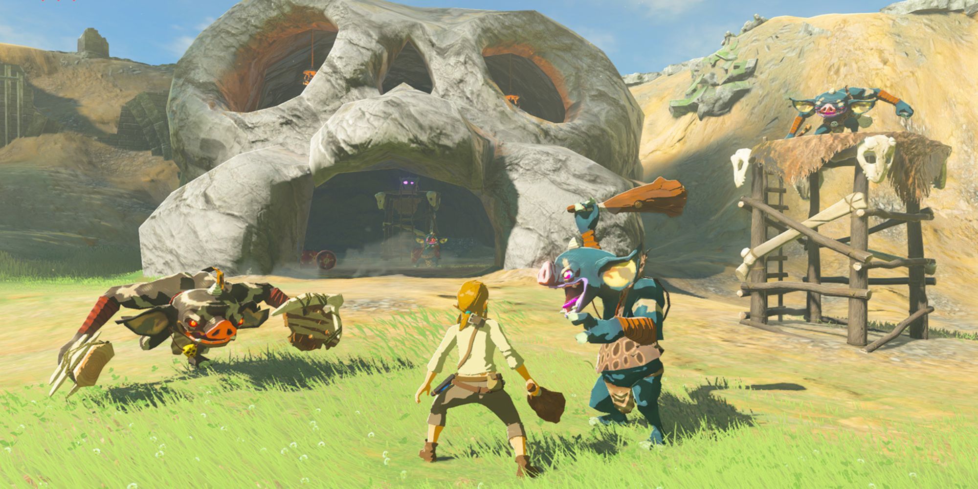 Link fighting a horde of enemies.