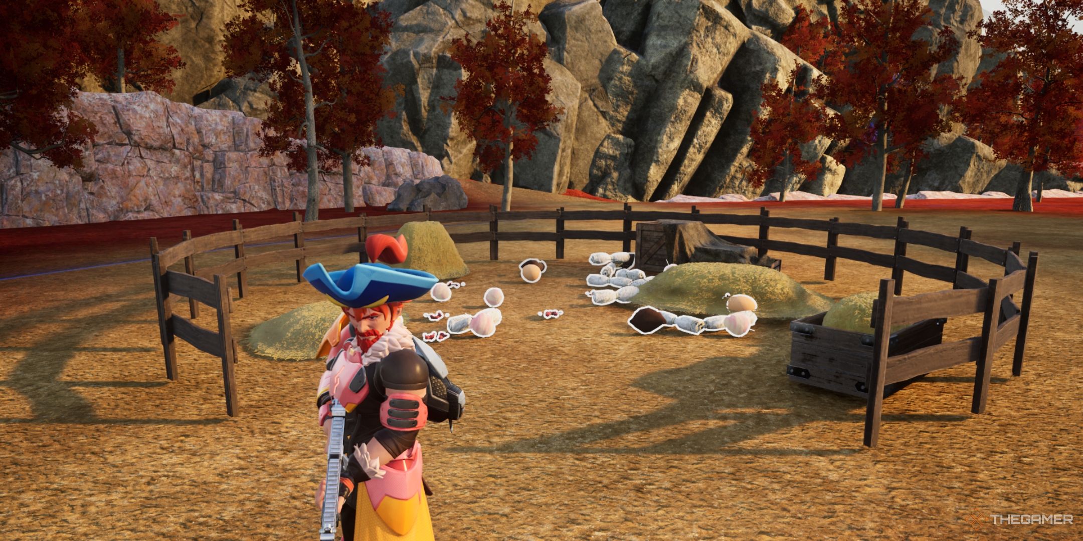 Player standing in front of a Ranch with various drops in Palworld.