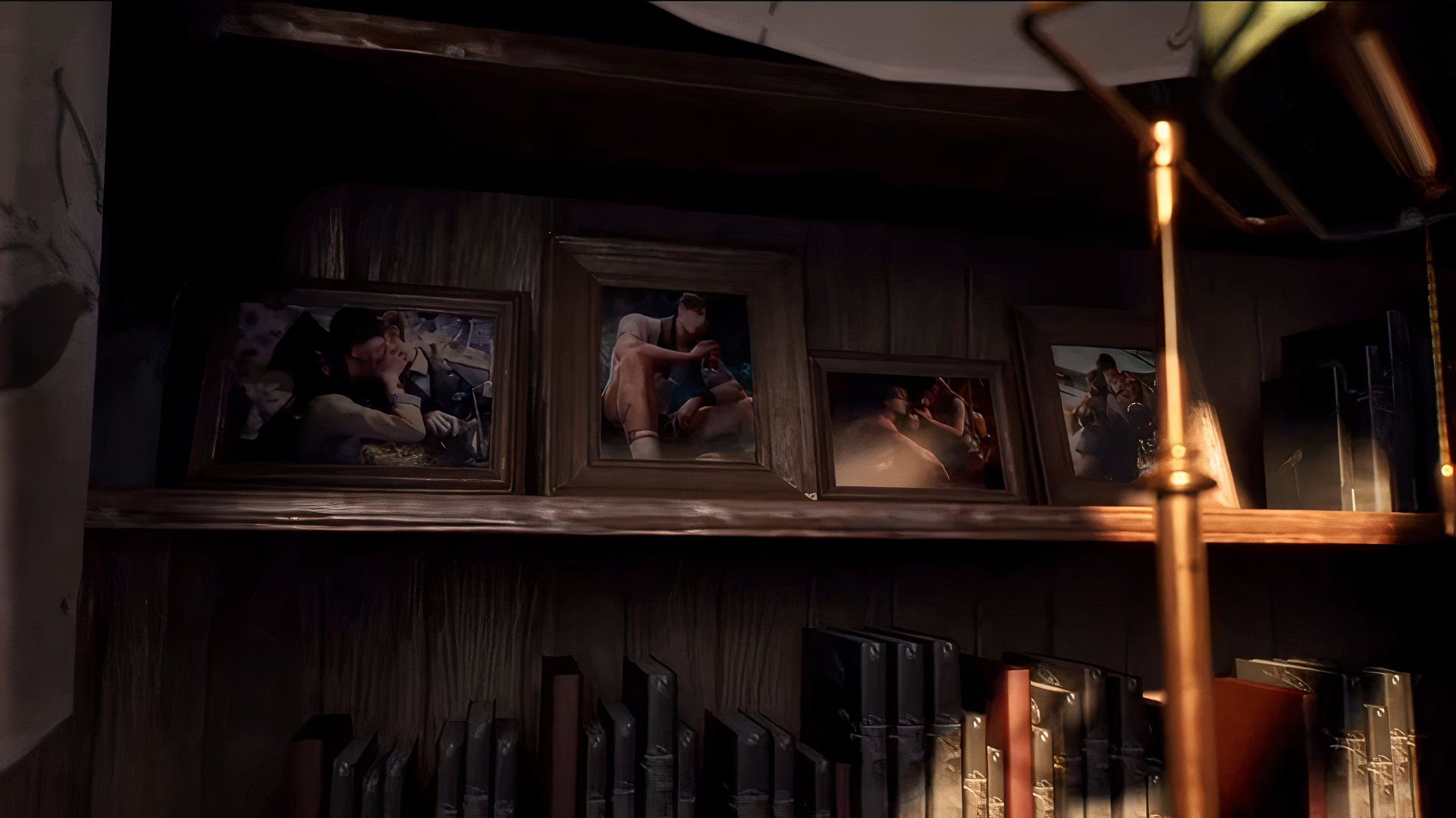 Love And Deepspace: An image of bookshelves in Caleb's family home. On the shelves are three picture frames.