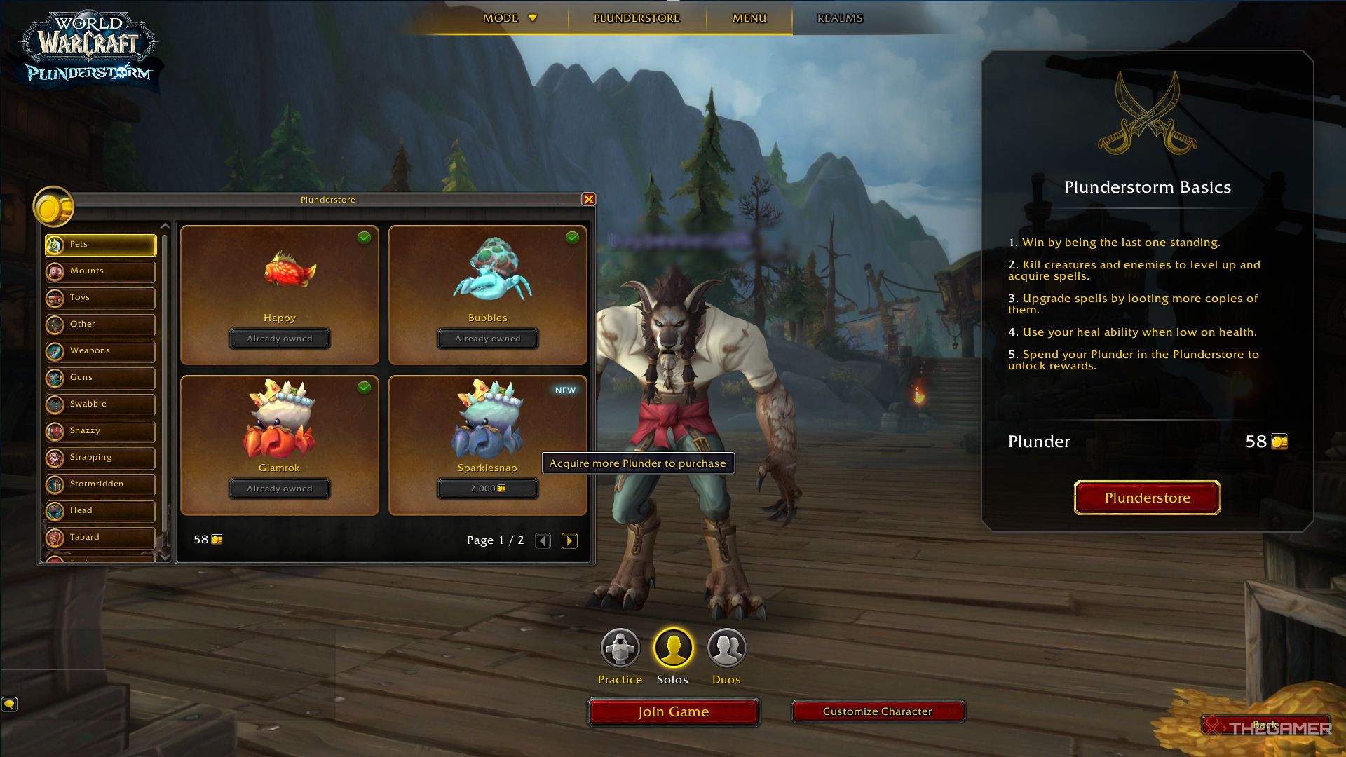 The Plunderstore menu in Plunderstorm in World of Warcraft.