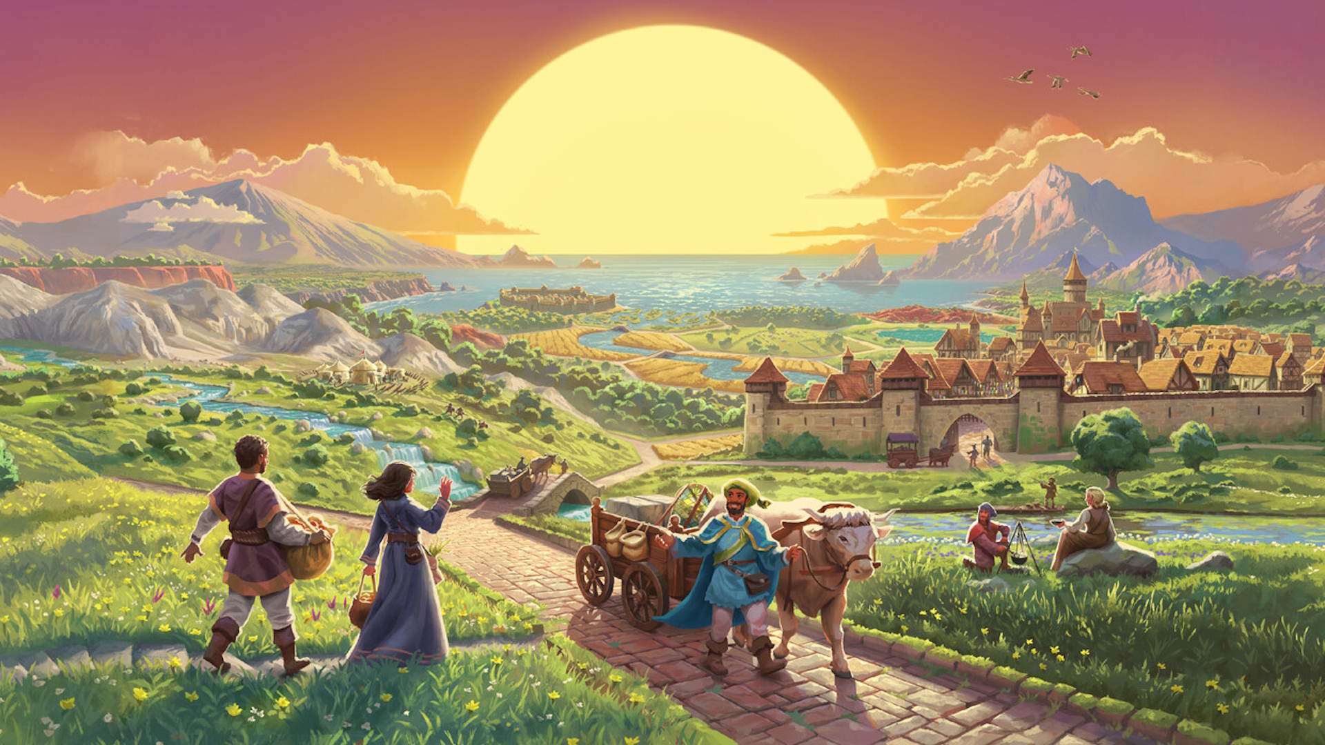 Catan box art with a large sun setting over a medieval scene