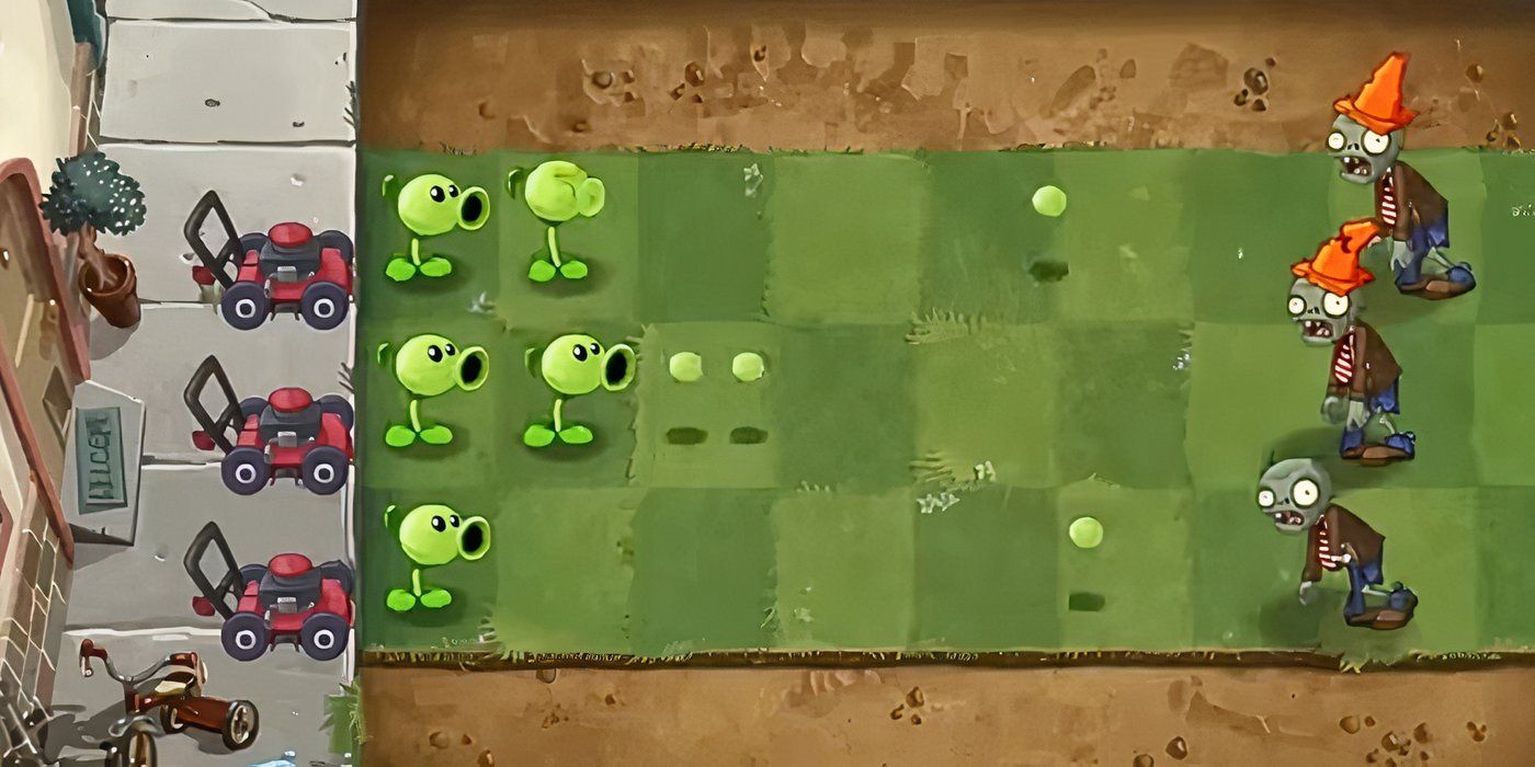 The playing field in Plants Vs. Zombies, with several pea shooter attacking the incoming zombies.