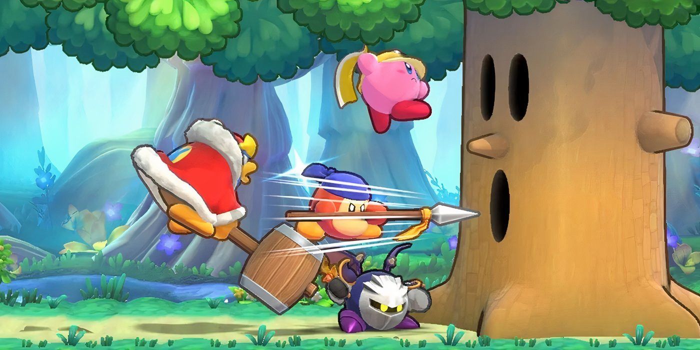 Kirby, Metaknight, and others attacking Whispy Woods with their various abilities.