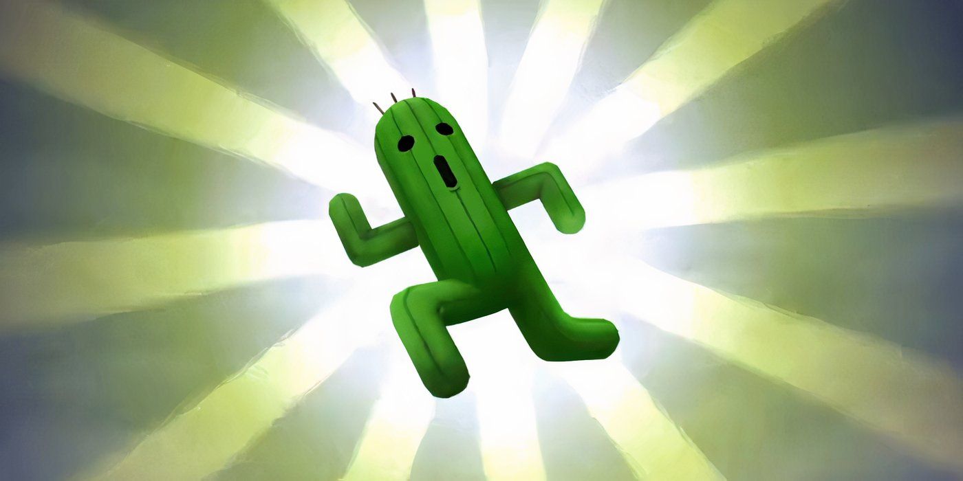 A Cactuar from Final Fantasy 7 Remastered, standing in its classic running man pose.