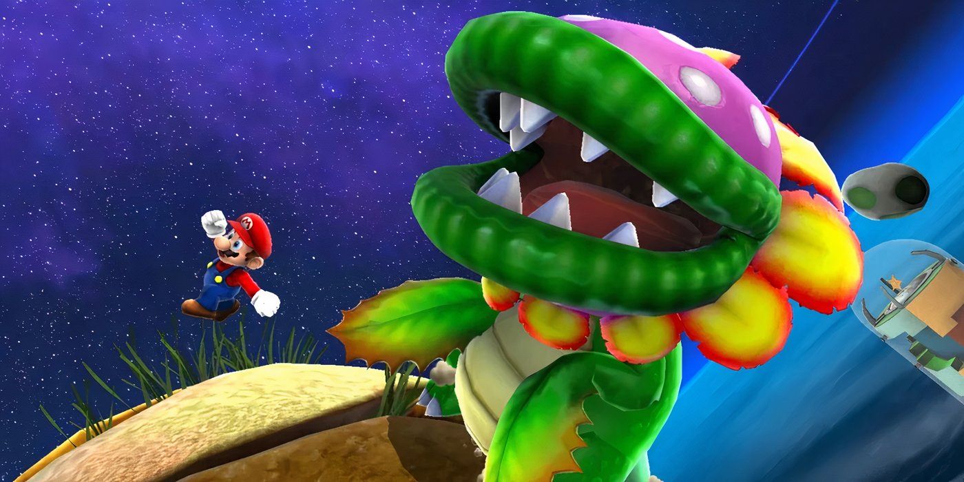 Mario jumping while running away from Petey Piranha in Super Mario Galaxy.