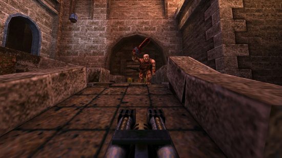 Old games for PC: crossing a gothic bridge and shooting a grunt with a nail gun in Quake