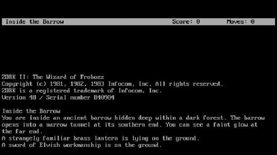 White text on a black screen tells the beginning of a story in Zork, one of the best old PC games.