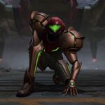 Metroid Prime 4: Beyond screenshot showing Samus Aran in a hero pose after disembarking her ship