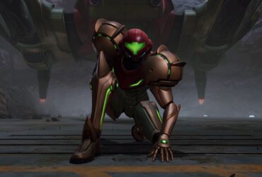 Metroid Prime 4: Beyond screenshot showing Samus Aran in a hero pose after disembarking her ship