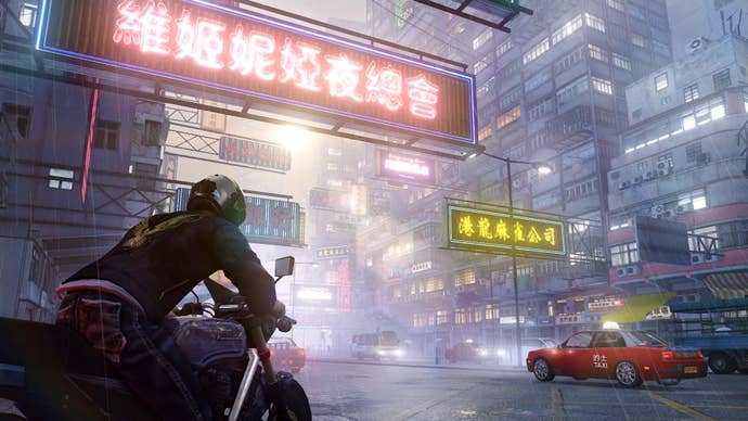 Wei Shen on a motorbike in Sleeping Dogs.