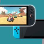 Nintendo Switch 2 with Mario Kart on screen next to original Nintendo Switch with teal backdrop