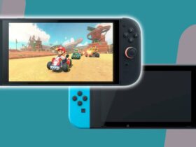 Nintendo Switch 2 with Mario Kart on screen next to original Nintendo Switch with teal backdrop