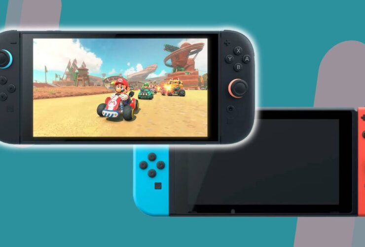 Nintendo Switch 2 with Mario Kart on screen next to original Nintendo Switch with teal backdrop