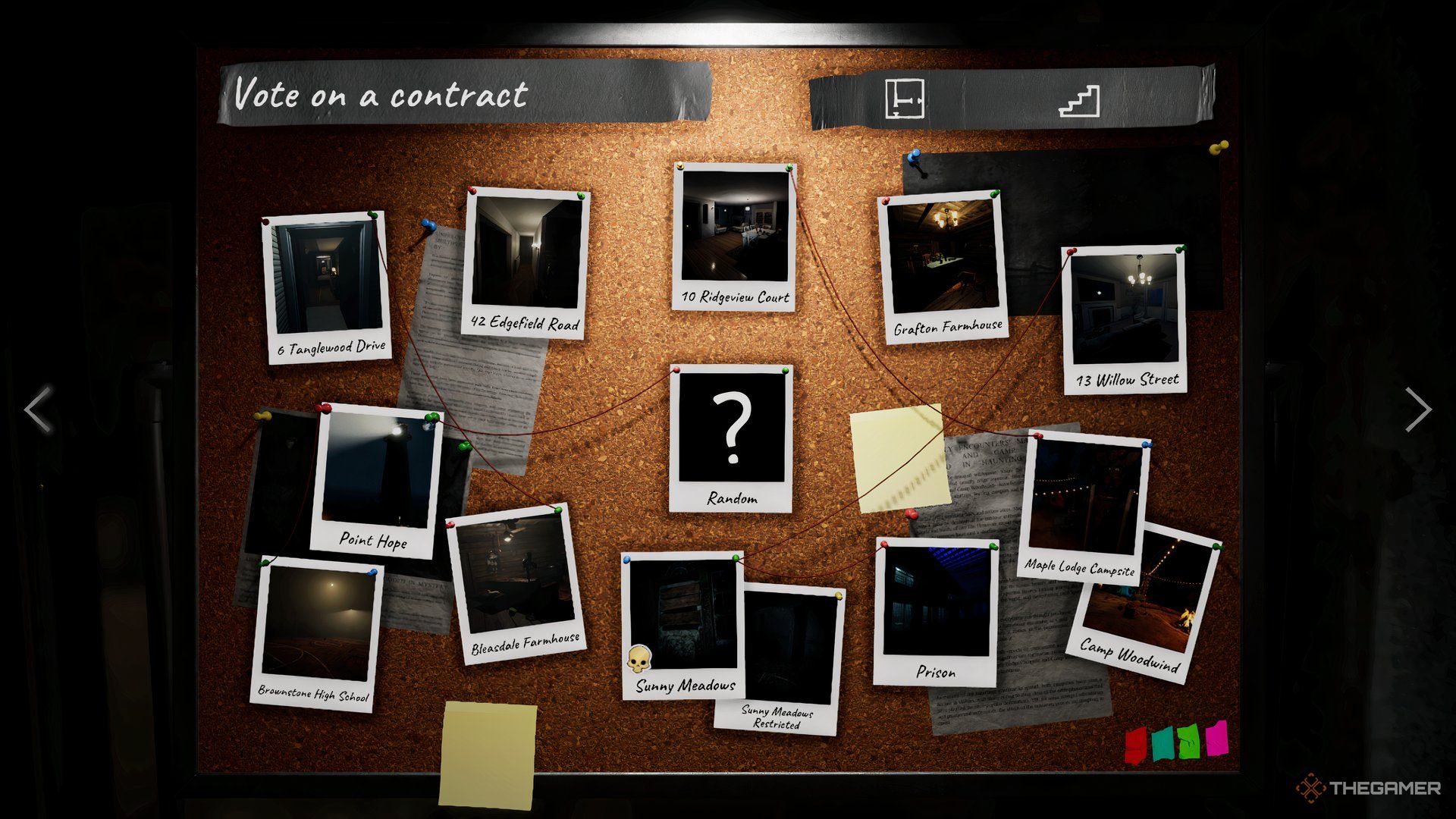 An image showing polaroid pictures of all maps available in Phasmophobia.