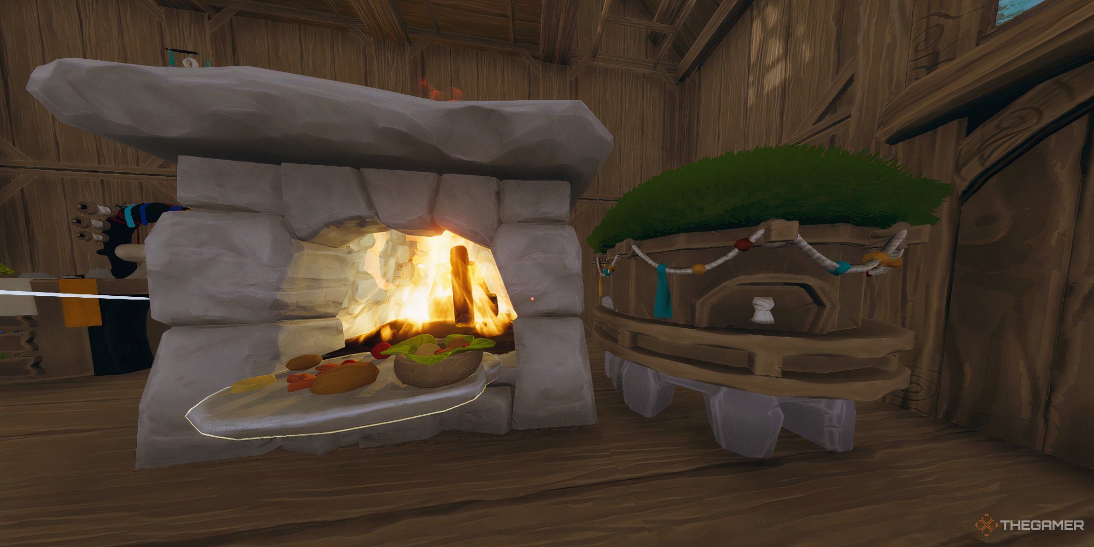 A fireplace with a cooking stone next to a granary used to make new recipes in Aloft.