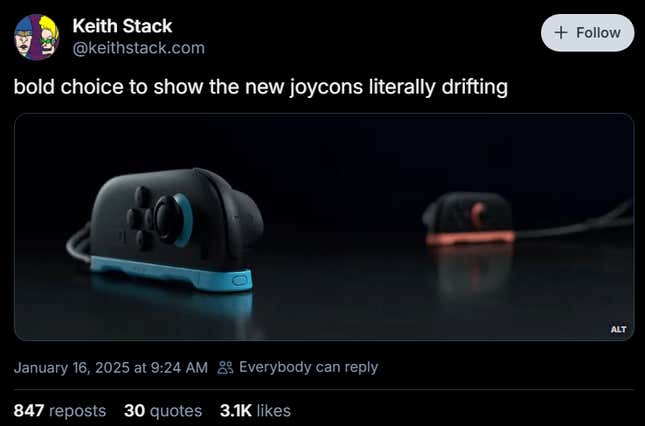 A Bluesky post reads "bold choice to show the new joycons literally drifting."