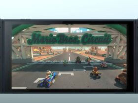 A screenshot from the reveal trailer for the Nintendo Switch 2, showing the console playing a Mario Kart game.