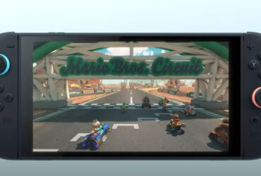 A screenshot from the reveal trailer for the Nintendo Switch 2, showing the console playing a Mario Kart game.