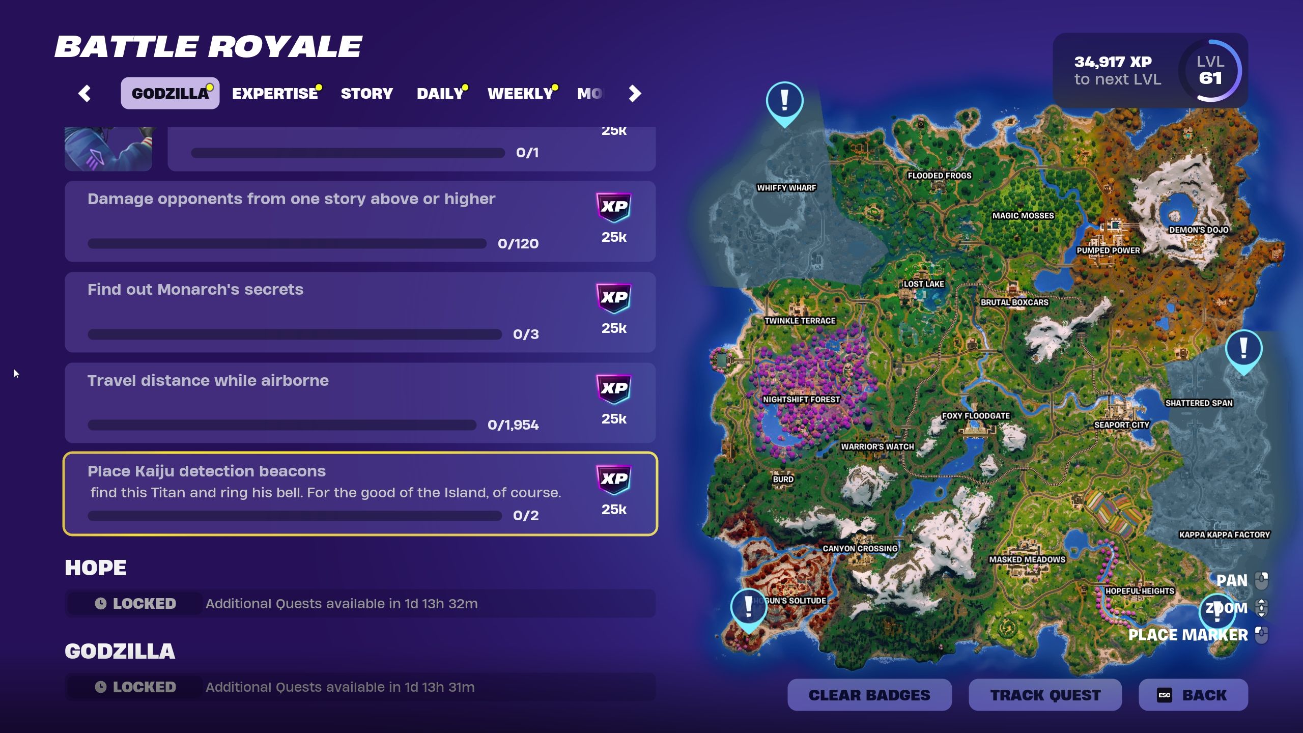 Place Kaiju Detection Beacons quest details alongise the Fortnite map with four markers