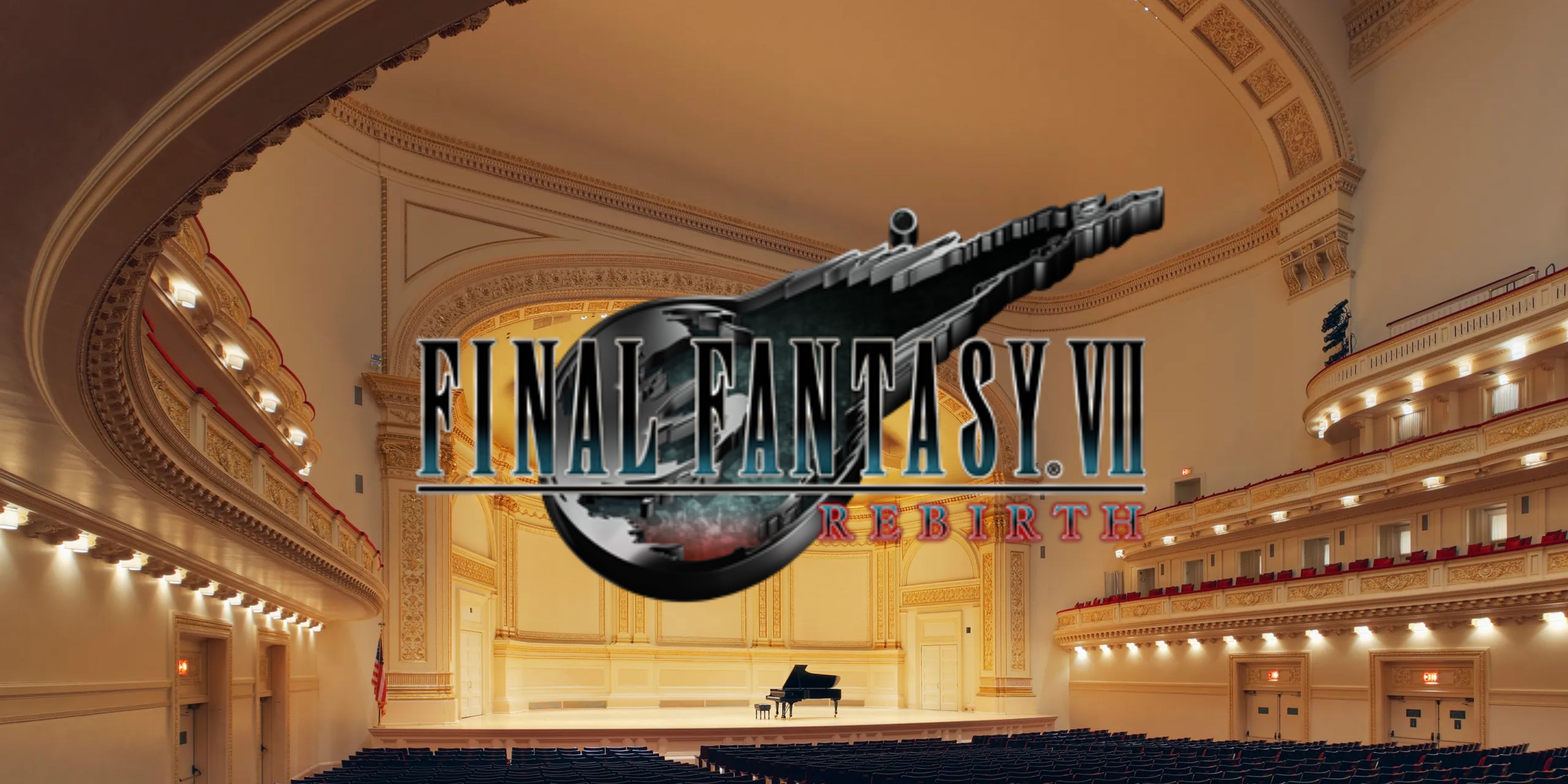 FF7 Rebirth logo over Carnegie Hall