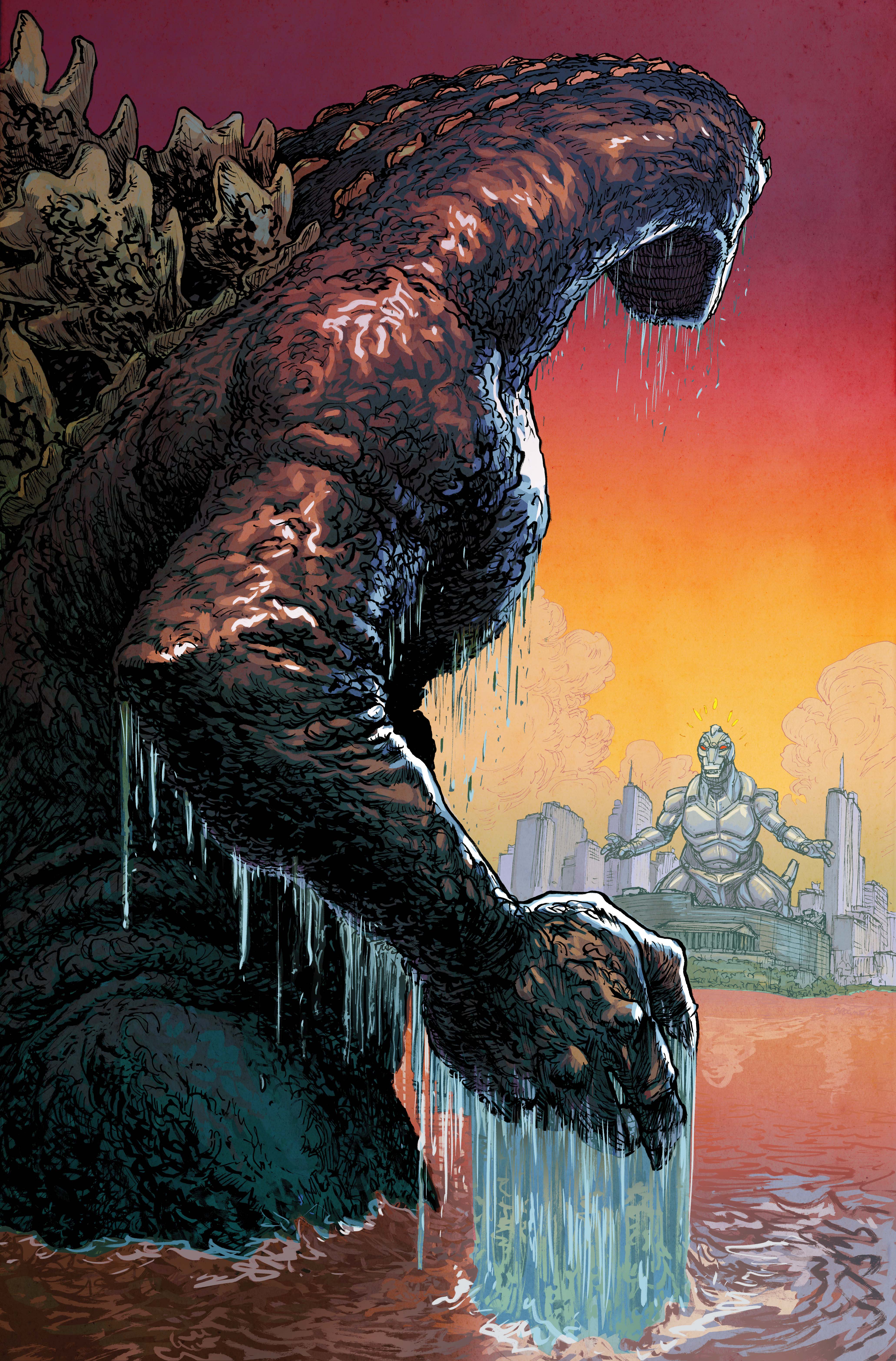 Godzilla faces off against Mechagodzilla on a Ryan Browne exclusive variant cover for Godzilla vs. America: Chicago #1.