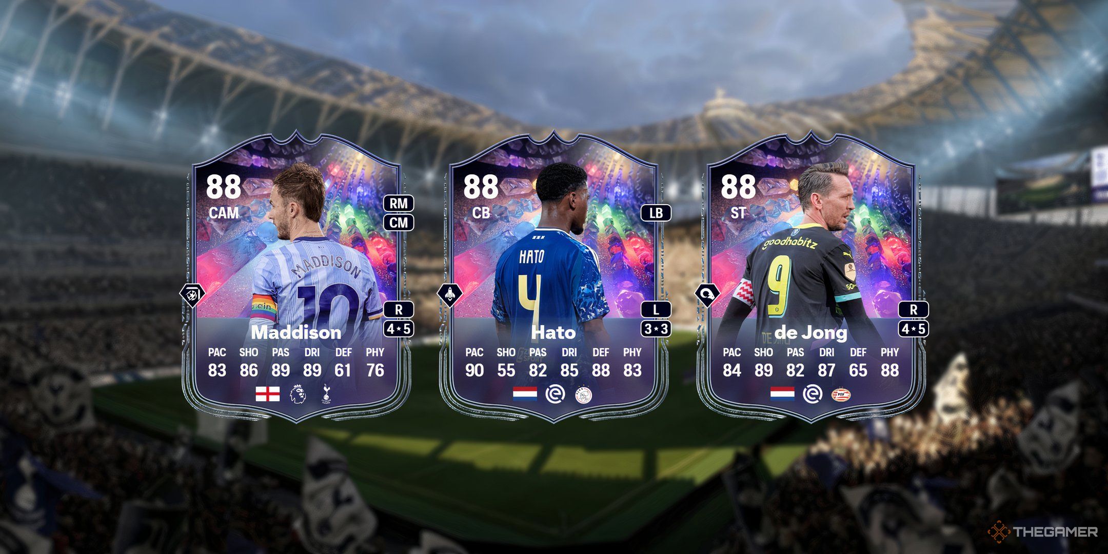 Maddison, Hato, and Lukk de Jong's cards in EA Sports FC 25. 