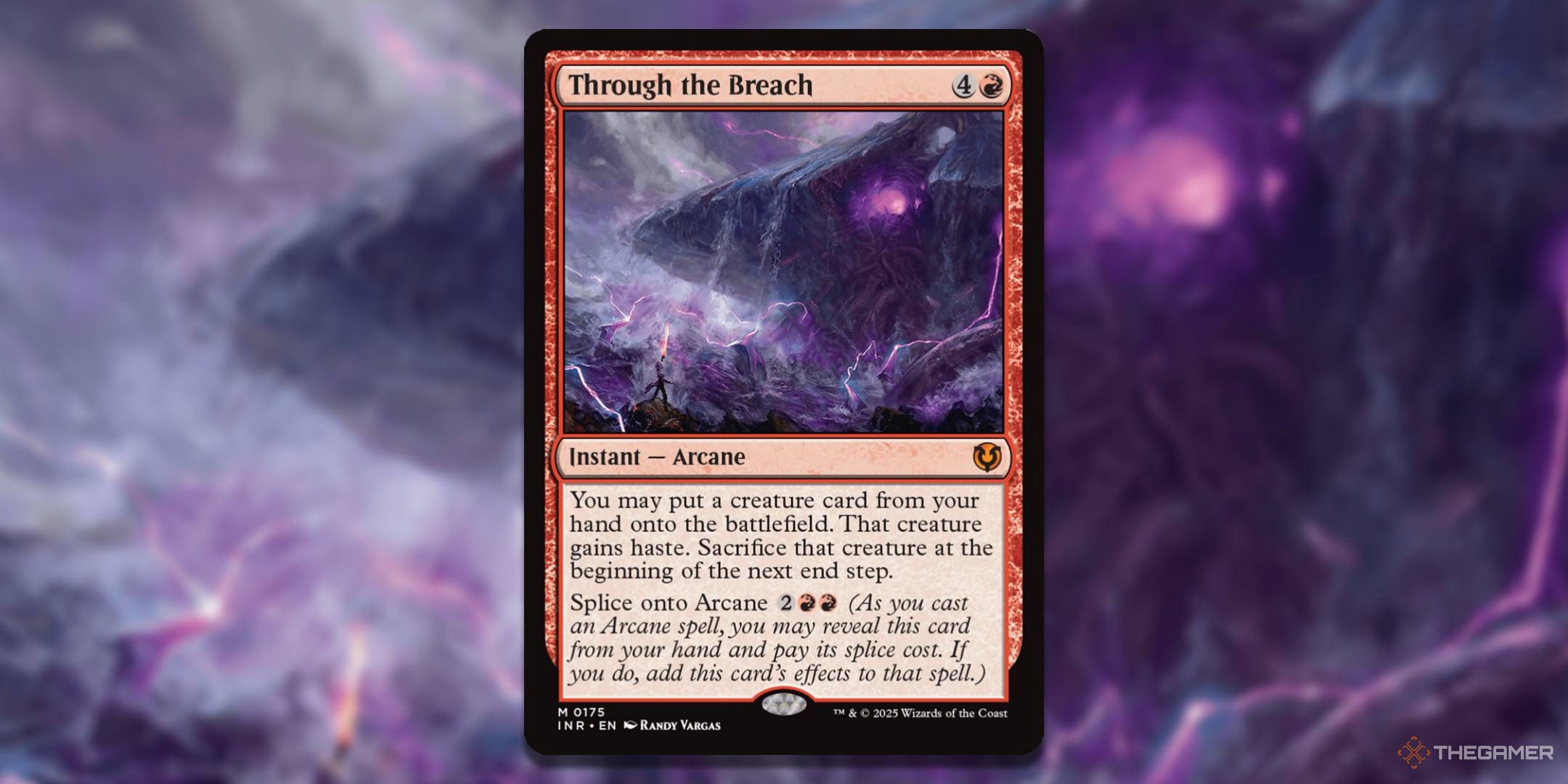 MTG Through the Breach card and art in the background.