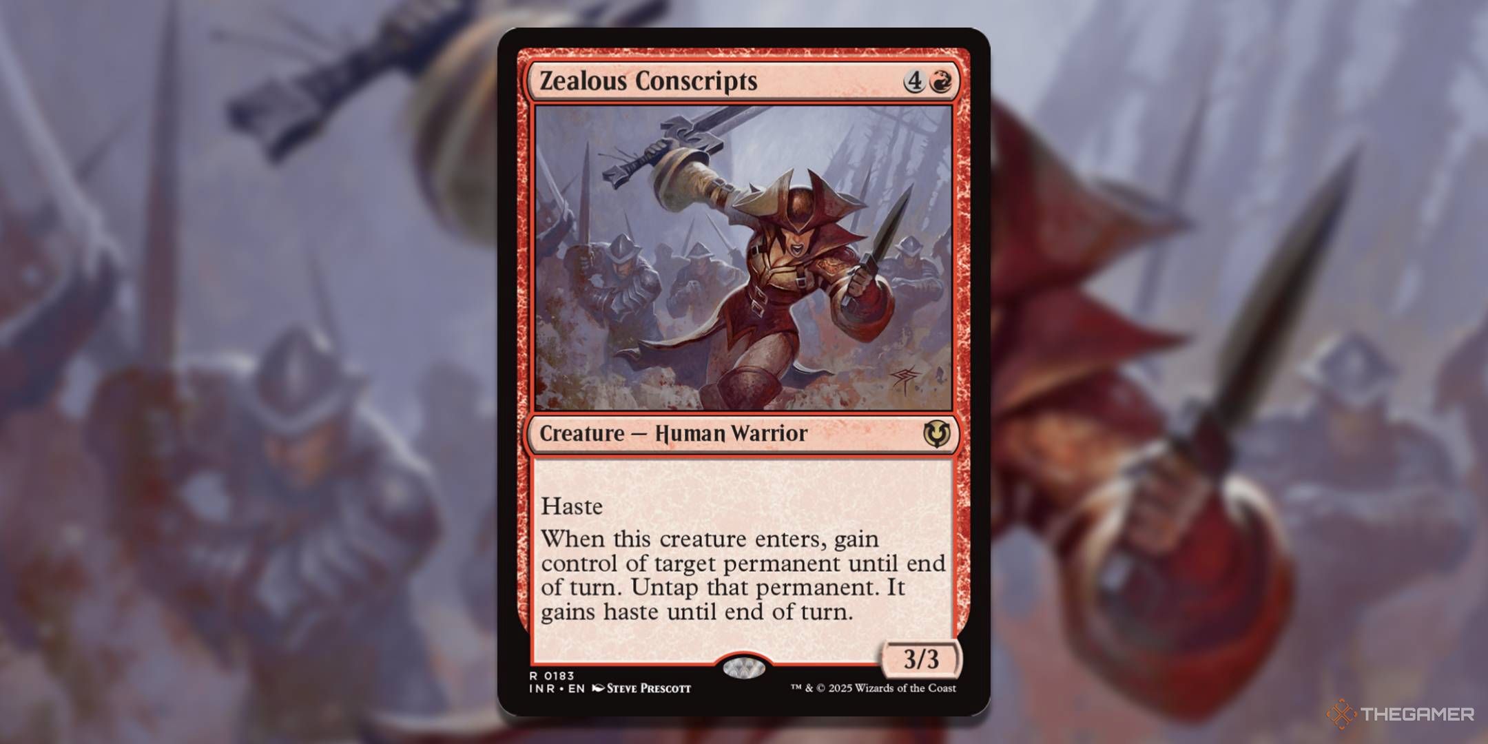 MTG Zealous Conscripts card and art in the background.