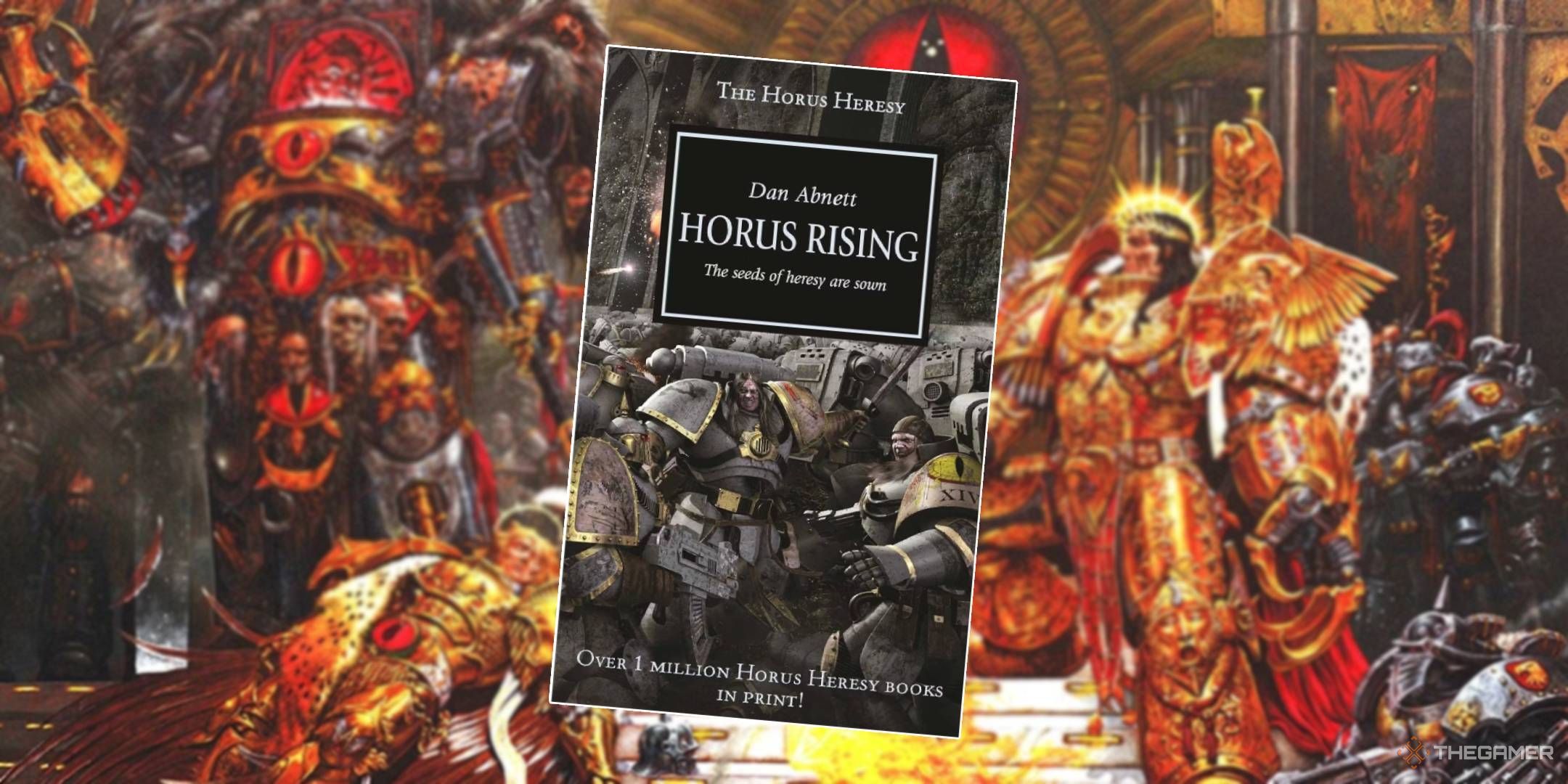 Horus Heresy book Horus Rising in front of famous artwork of Horus fighting the Emperor