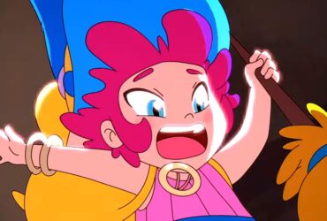 Mika and the Witch's Mountain trailer screenshot showing a cartoon-style young girl with bright red short hair and blue eyes falling while holding a broom in hand