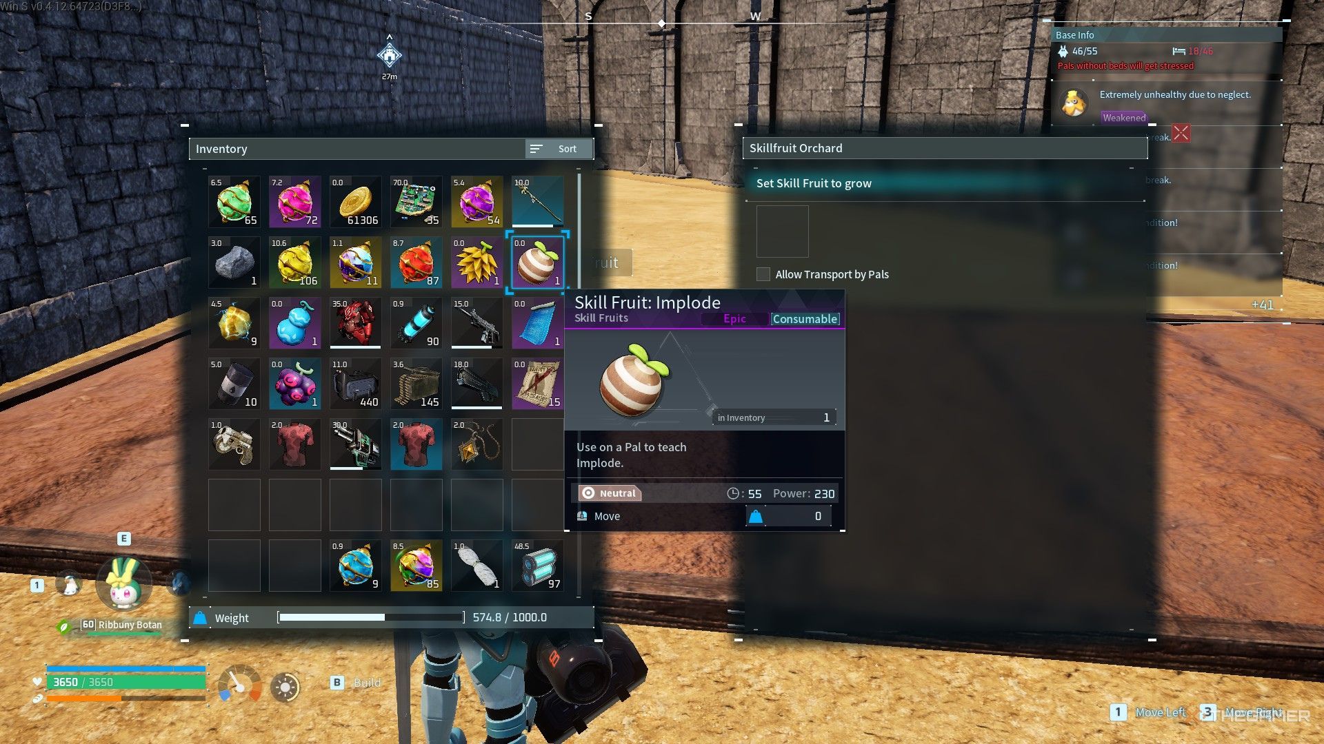 The image shows the player assigning a Skillfruit to the Skillfruit Orchard in Palworld.