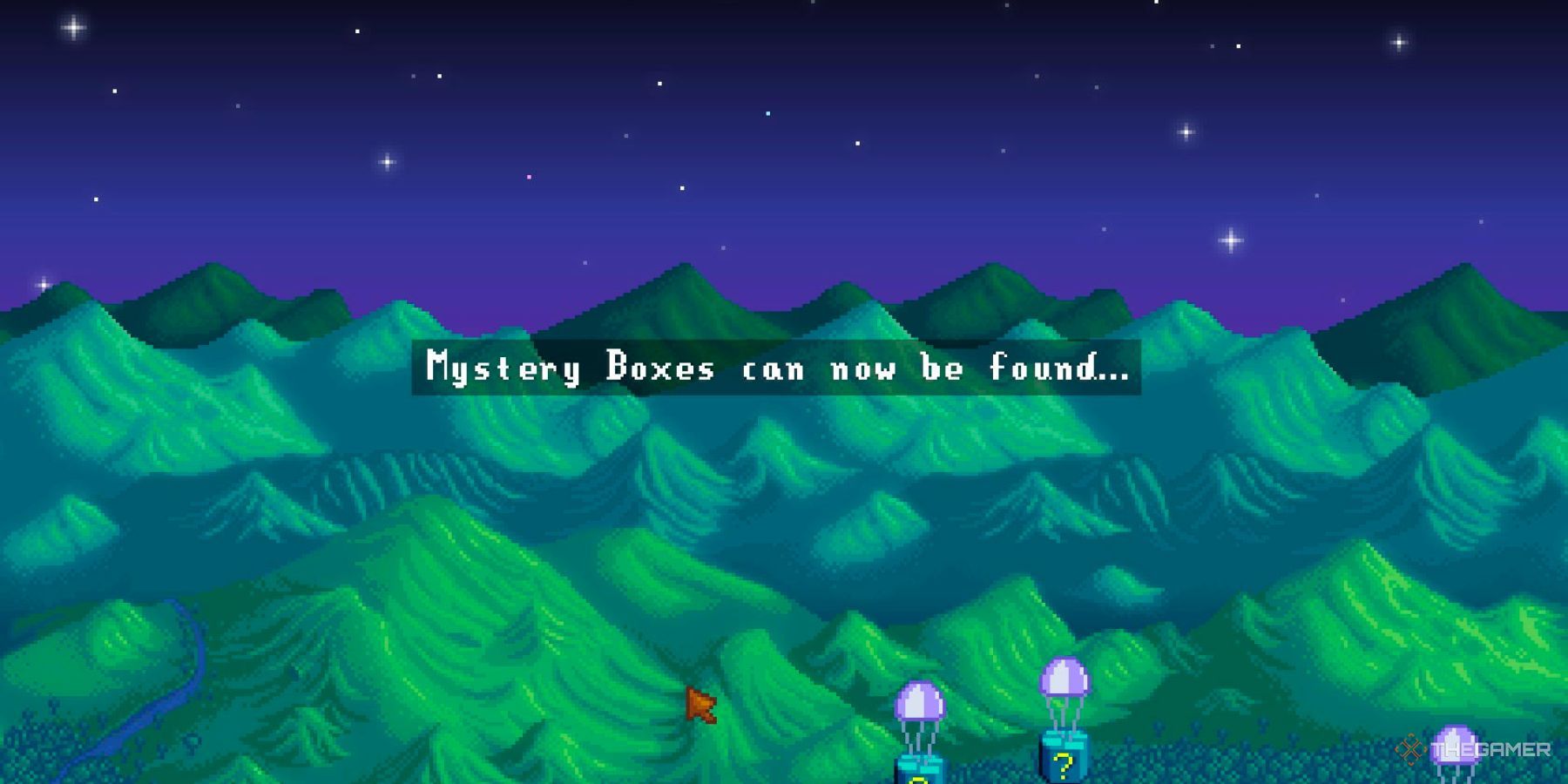 A cutscene in which mystery boxes are dropping in Stardew Valley.