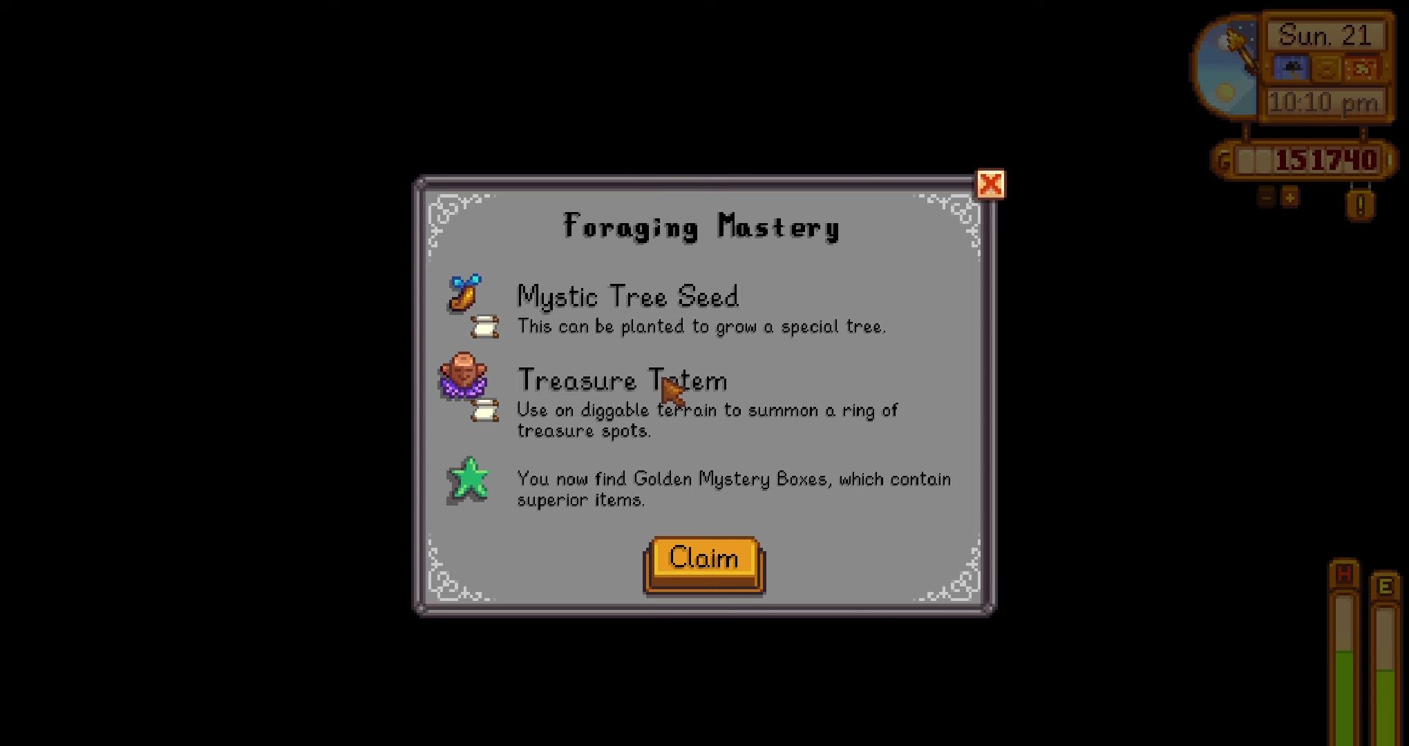 A player looking at the Stardew Valley Foraging Mastery screen.