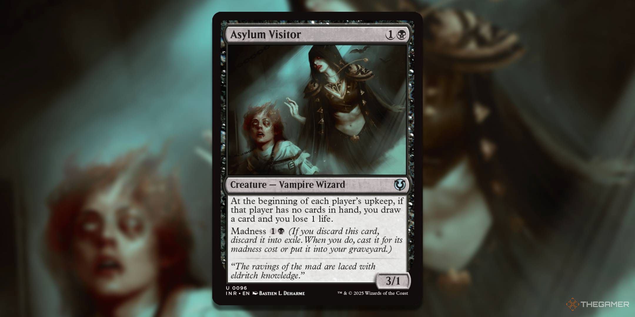 MTG Asylum Visitor card with the art in the background