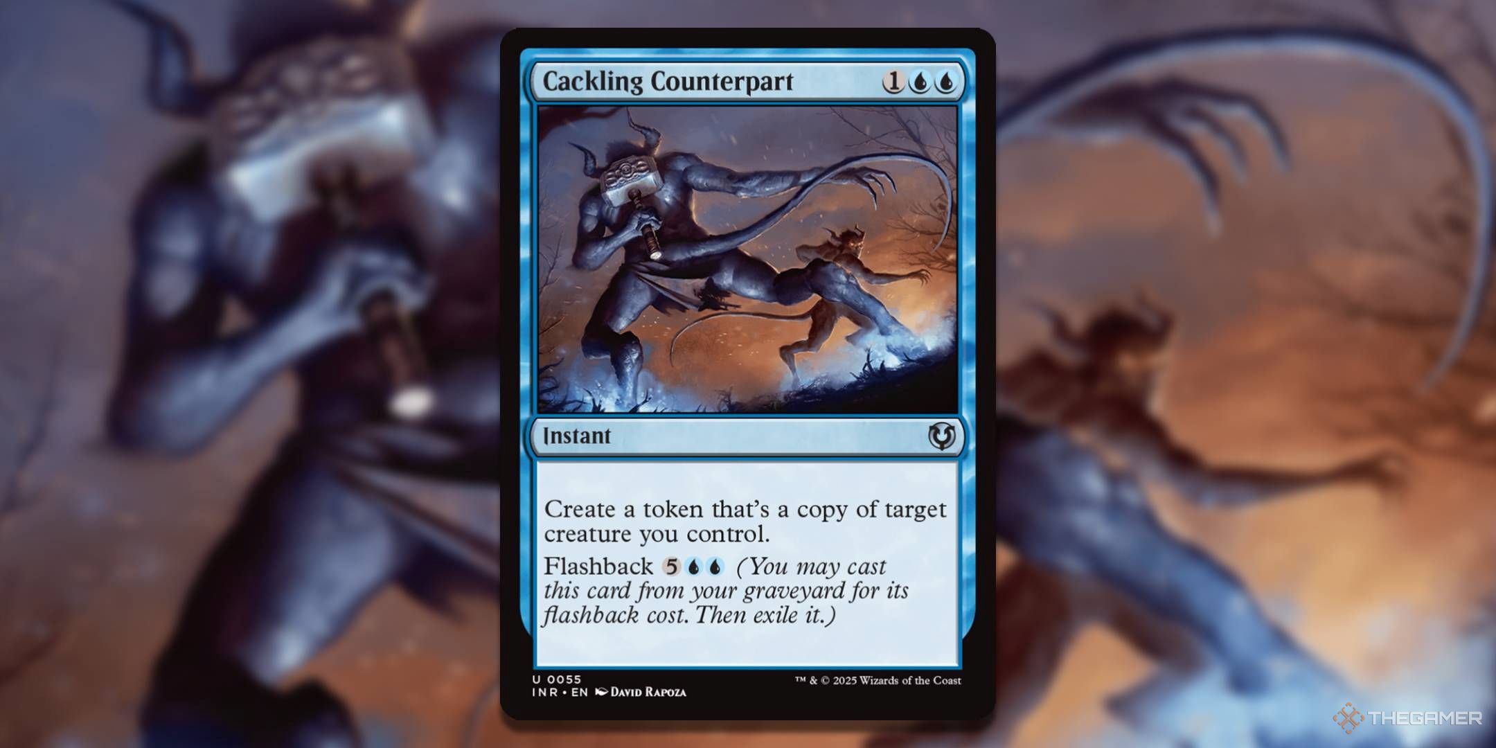 MTG Cackling Counterpart card with the art in the background