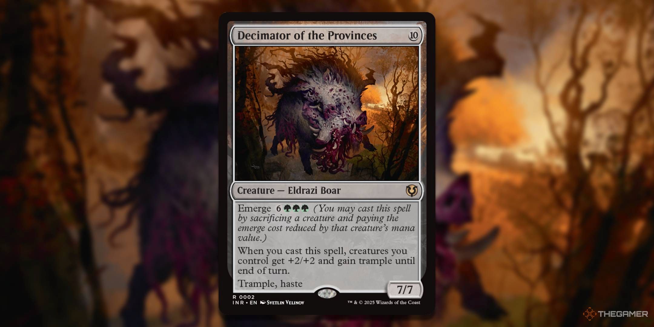 MTG Decimator of the Provinces card with the art in the background