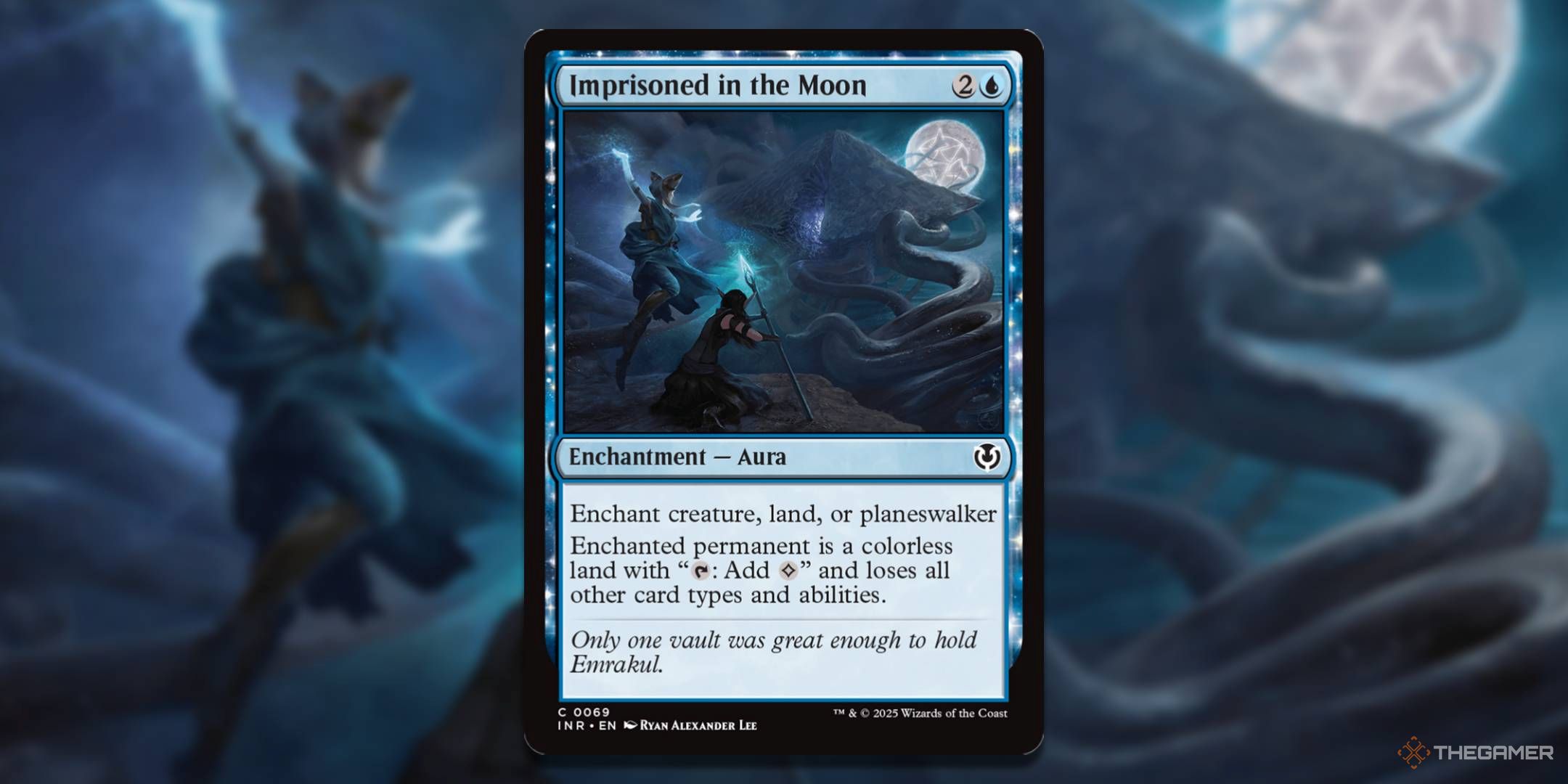 MTG Imprisoned In the Moon card with the art in the background