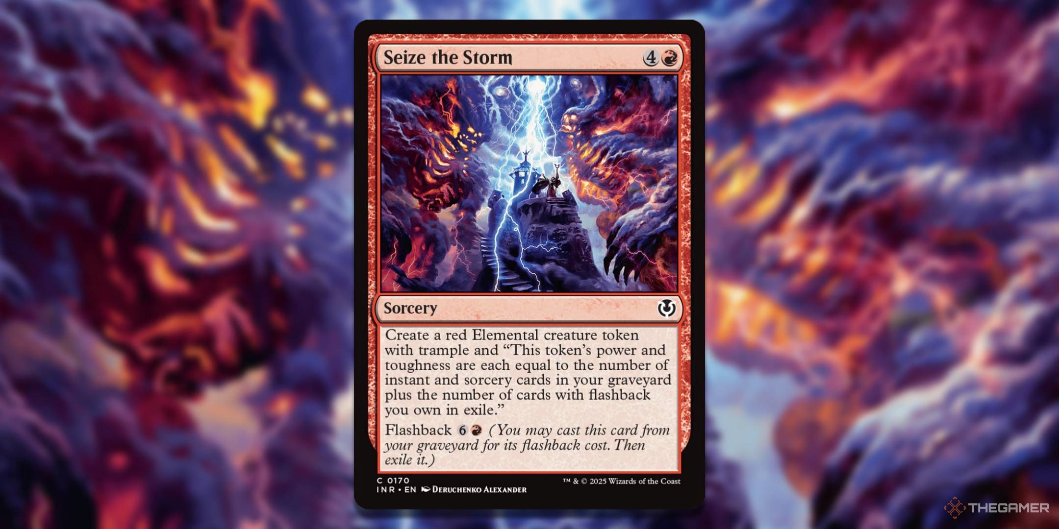 MTG Seize the Storm card with the art in the background