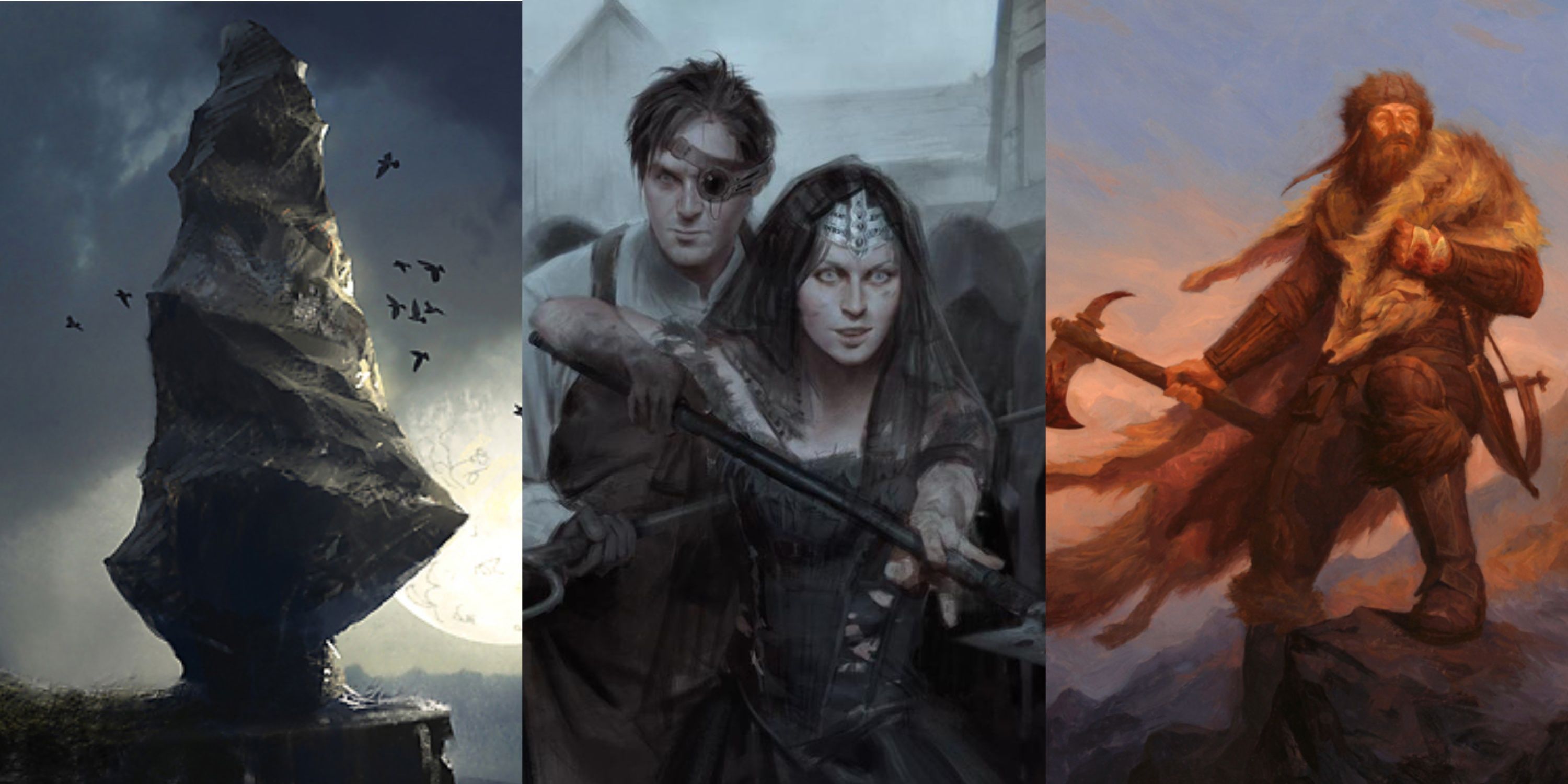 MTG art for Helvault, Gisa and Geralf, and Huntmaster of the Fells.