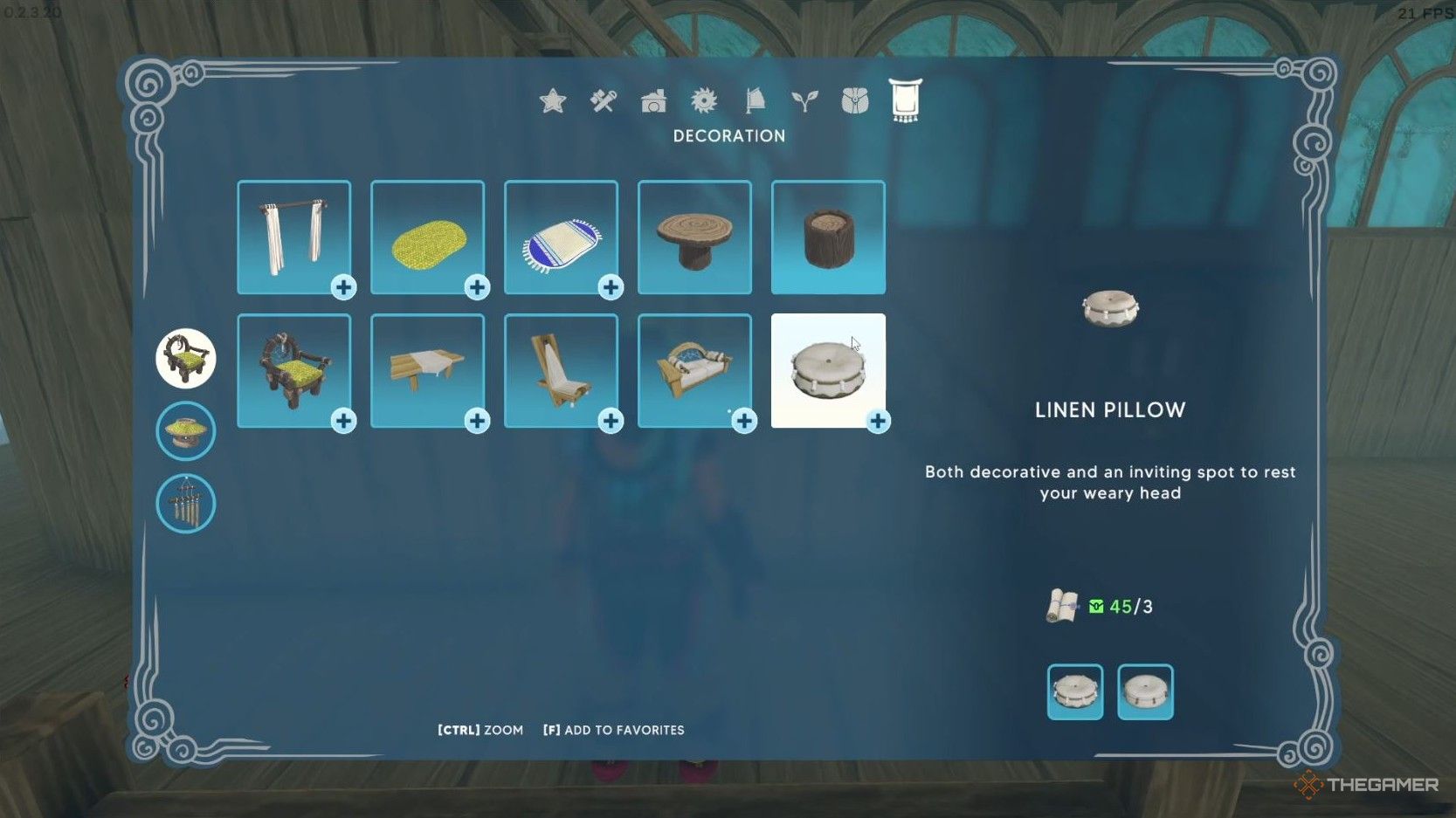 A linen pillow decoration in Aloft on the menu with decorative items in the build mode.