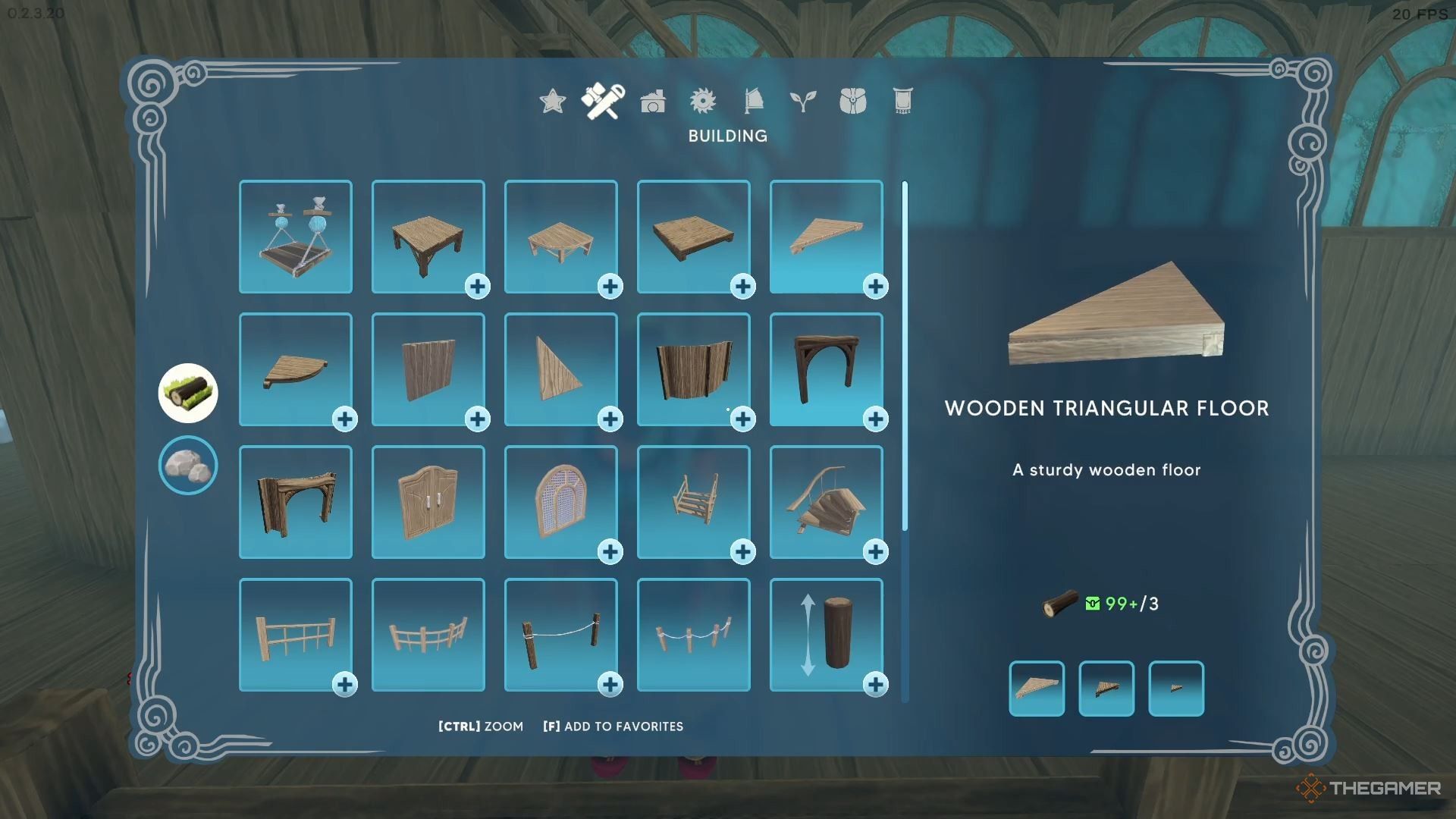 Structural building pieces made of wood in the menu for the building mode in Aloft.