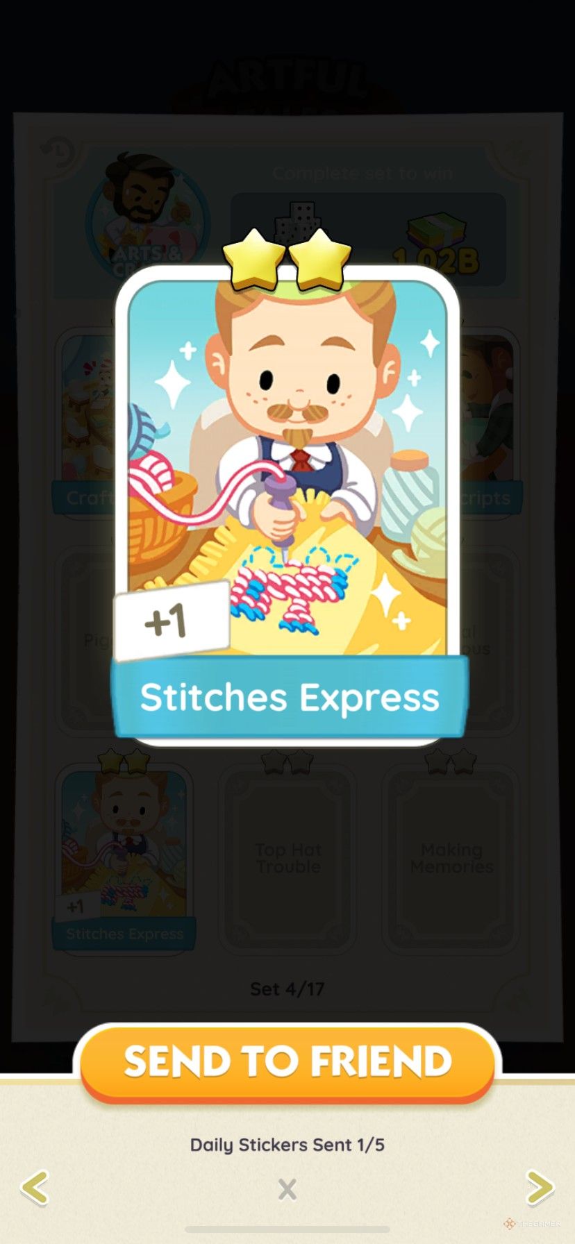 The Stitches Express sticker in the Arts and Crafts album during the Artful Tales sticker season in Monopoly Go.