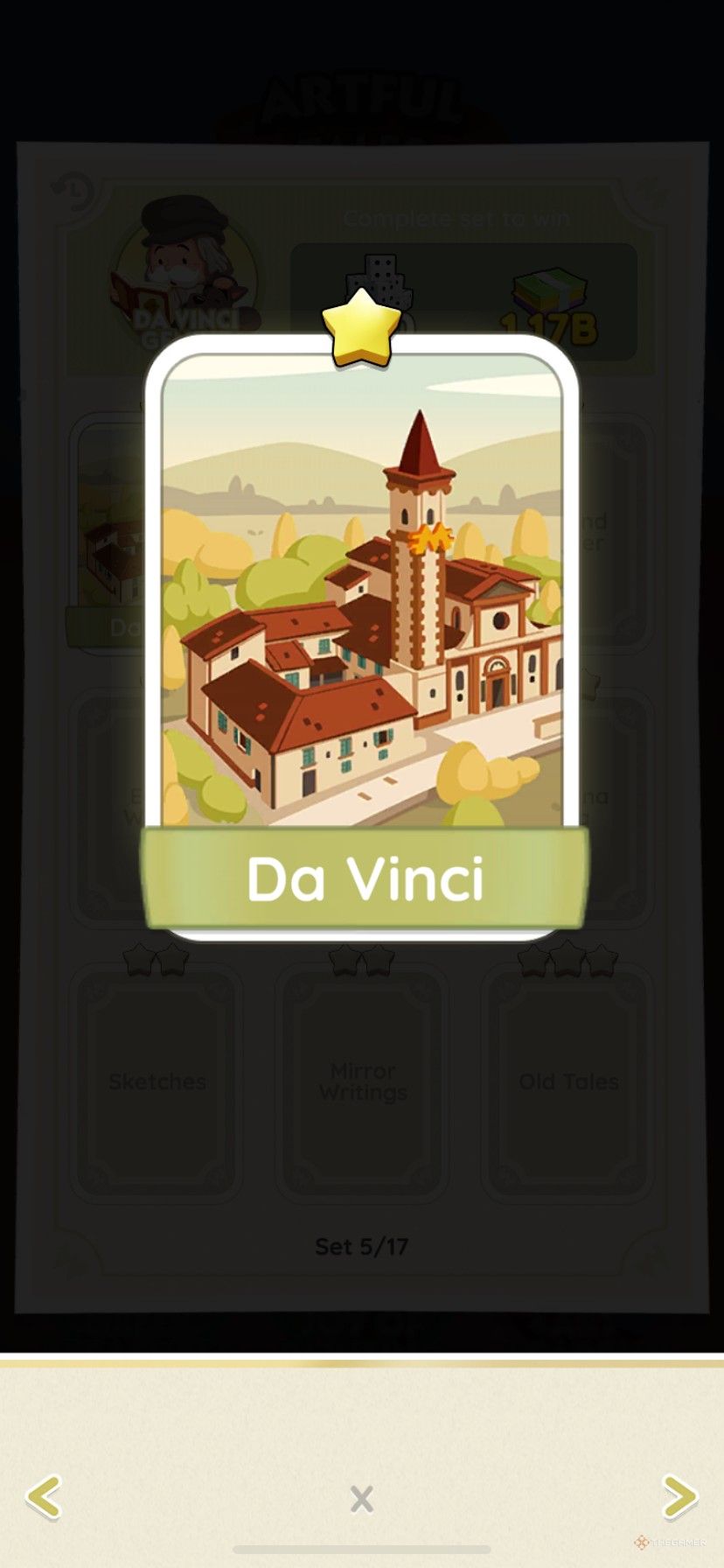 The Da Vinci sticker in the Da Vinci Genius album during the Artful Tales sticker season in Monopoly Go.