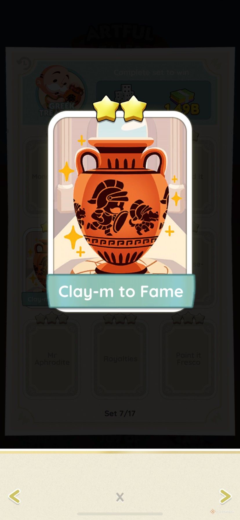 The Clay-m to Fame sticker in the Greek Treasures album during the Artful Tales sticker season in Monopoly Go.