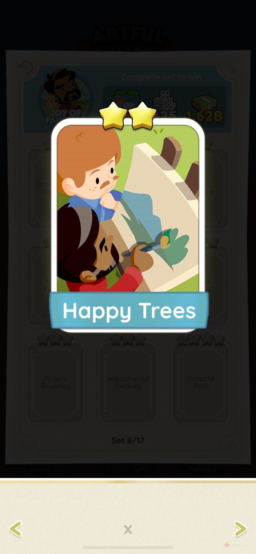 The Happy Trees sticker in the Joy of Painting album during the Artful Tales sticker season in Monopoly Go.