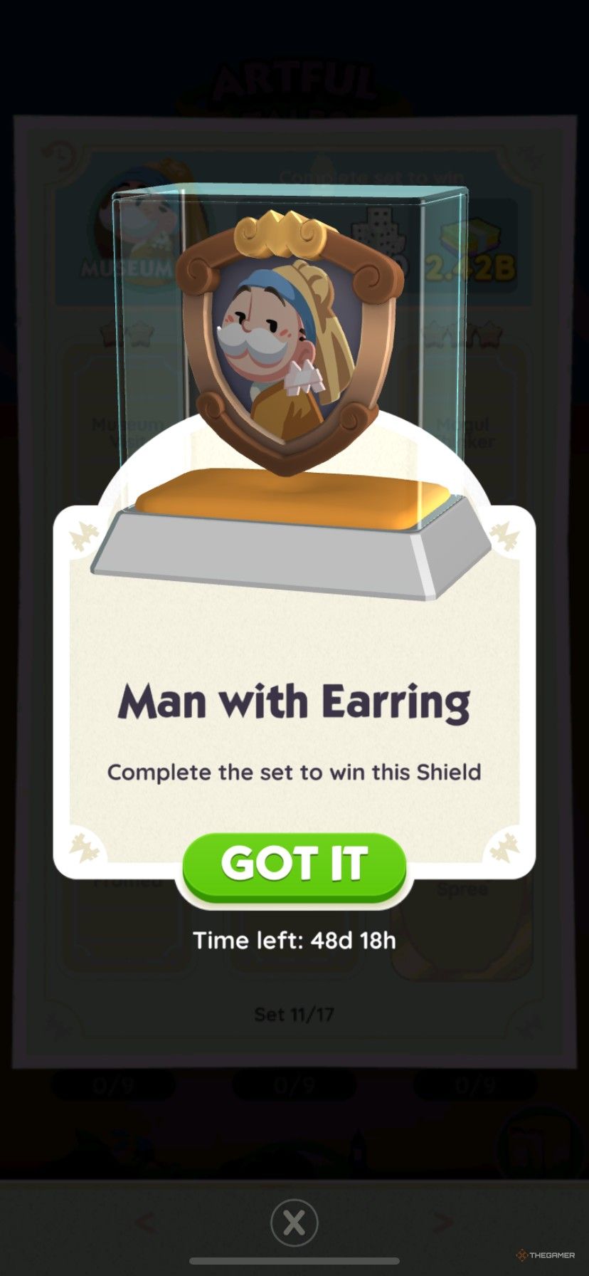 The Man with Earring shield skin in the Museum Day album during the Artful Tales sticker season in Monopoly Go.