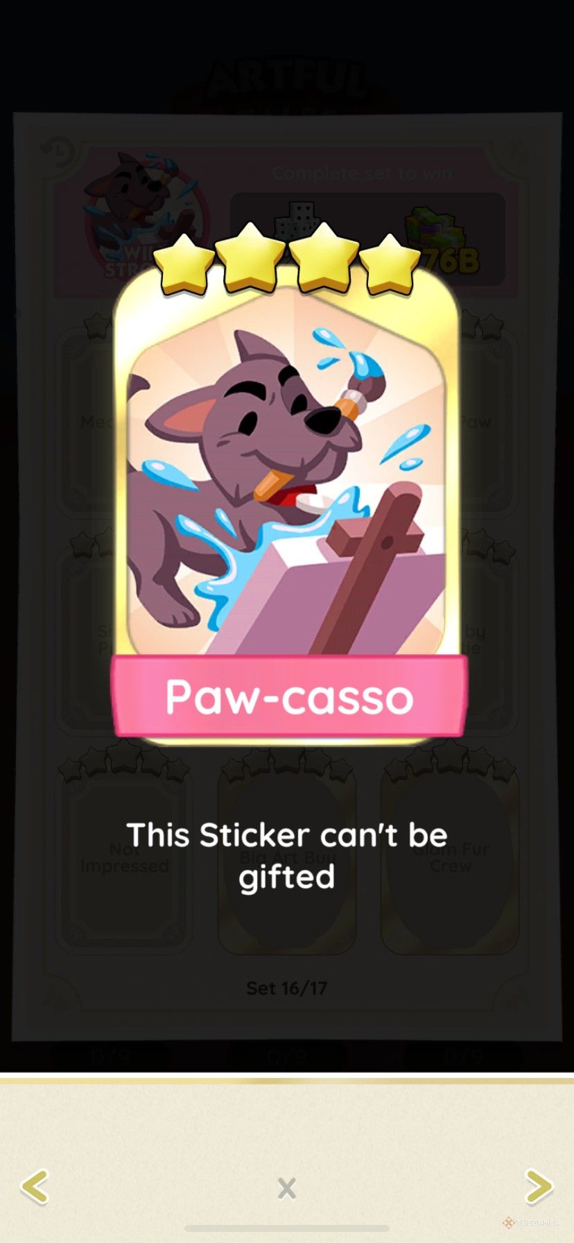 The Paw-Casso sticker in the Wild Strokes album during the Artful Tales sticker season in Monopoly Go.