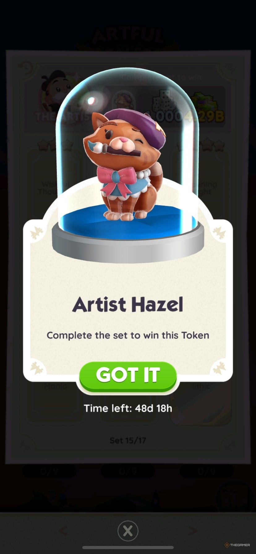 The Artist Hazel token in the Artist album during the Artful Tales sticker season in Monopoly Go.