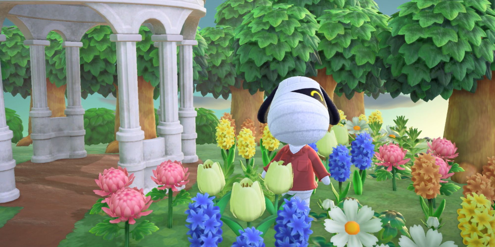 Lucky stands in a field of flowers in Animal Crossing: New Horizons.