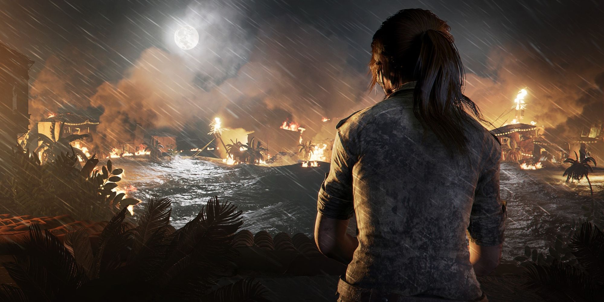 Lara Croft watching flood in Shadow Of The Tomb Raider.